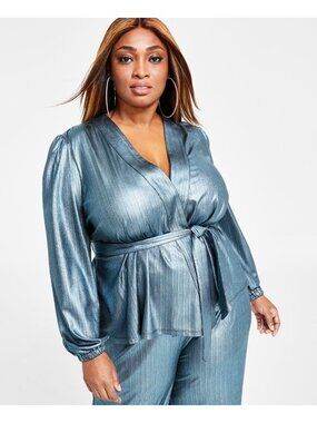 Nina Parker Womens Belted Sweater Wrap Metallic Top Blue Plus Size 2X NWT